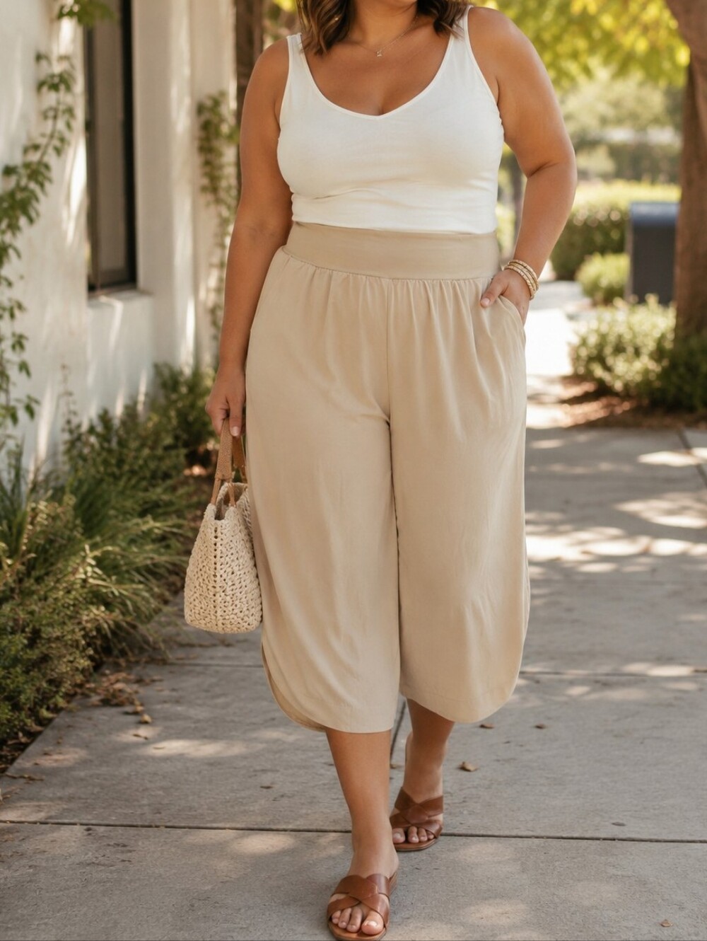 NWT HALARA Breezeful Beige Pull-On Crop Wide Leg Pants High Rise Casual Lounge